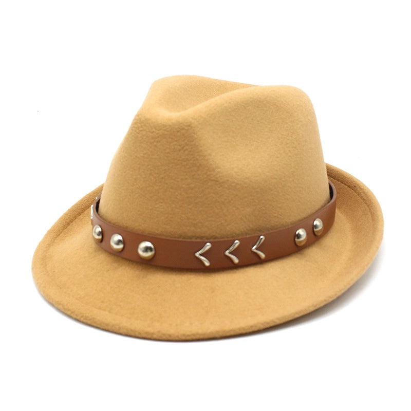 New Autumn And Winter Woolen Small Top Hat Women's Trendy Hat Golden Buckle Jazz Hat Woolen Felt Hat