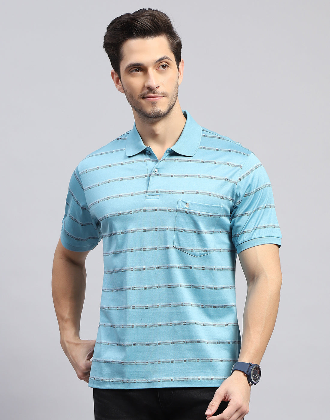 Men Sky Blue Stripe Polo Collar Half Sleeve T-Shirt