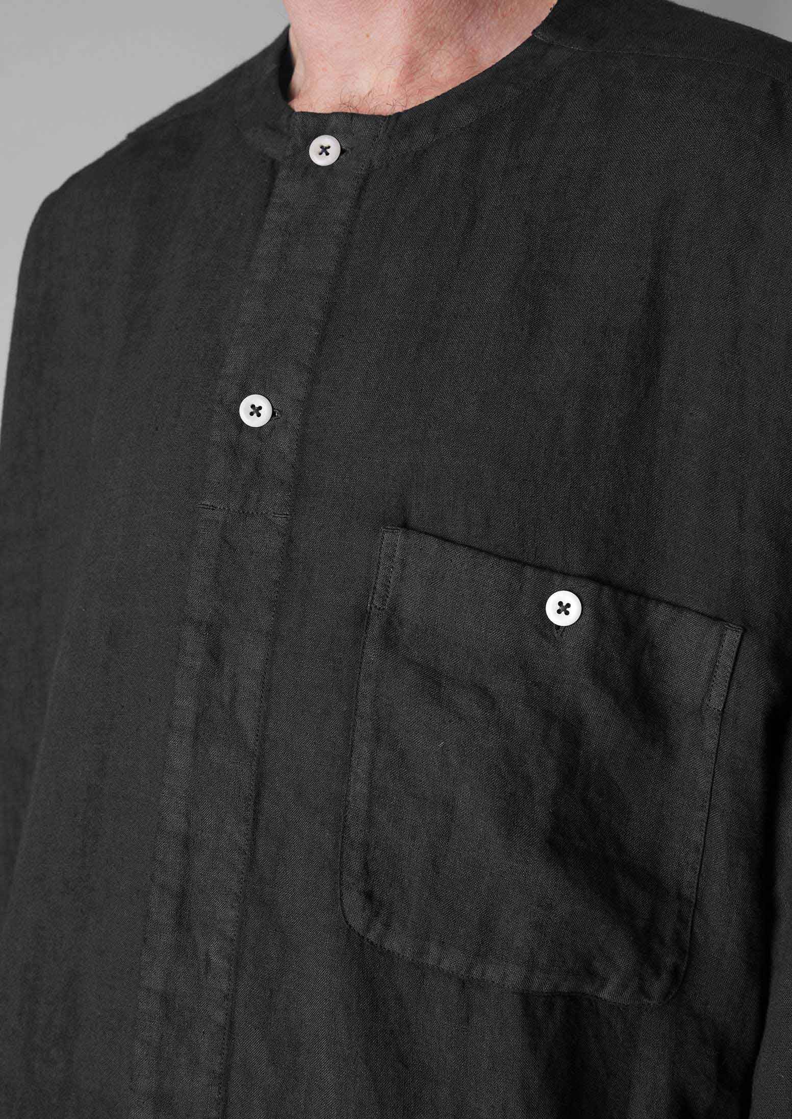 Garment Dyed Linen Collarless Shirt | Black Pepper