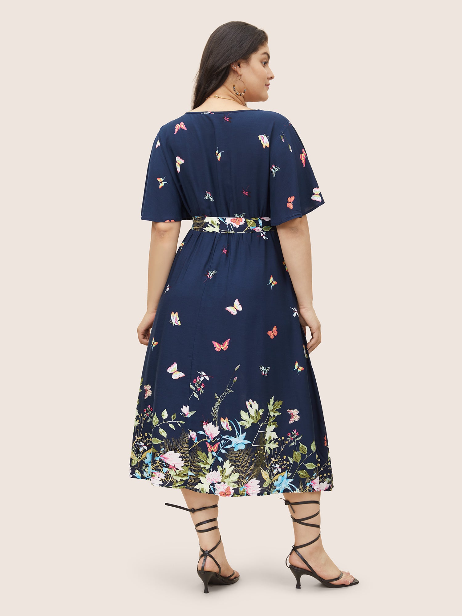 Floral & Butterfly Print Contrast Lace Pocket Belted Ruffles Dress