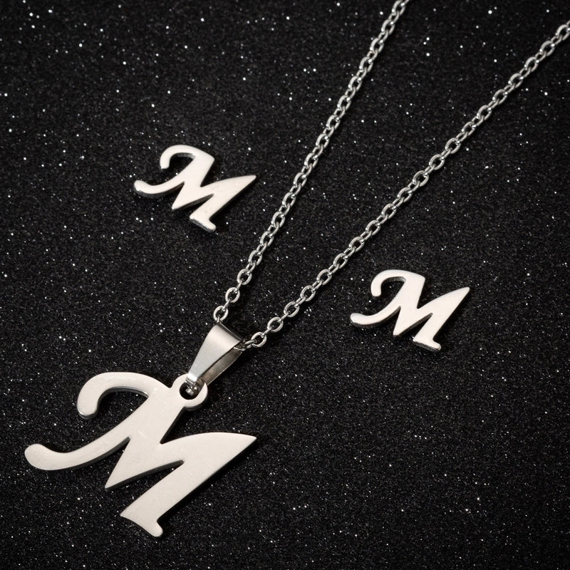 Women's Fashion Minimalist Letter Stainless Steel Pendant Necklace Ear Studs Plating Jewelry Sets