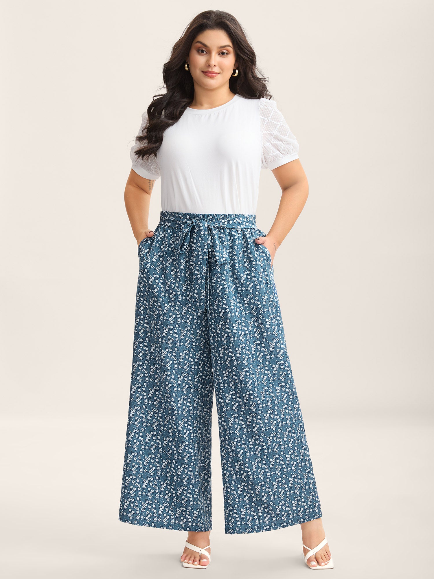 Floral Print Belted Wide-Leg Pants
