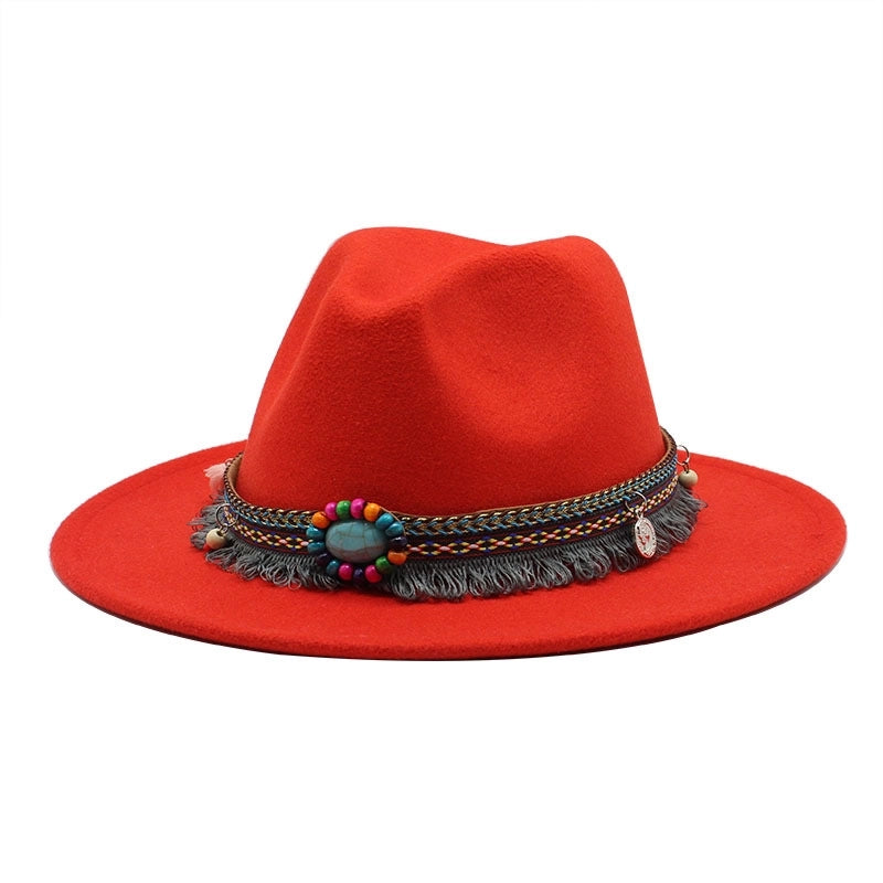 Designed Hot Sale Woolen Hat Women's Ethnic Style Retro Flat Brim Big Brim Jazz Hat