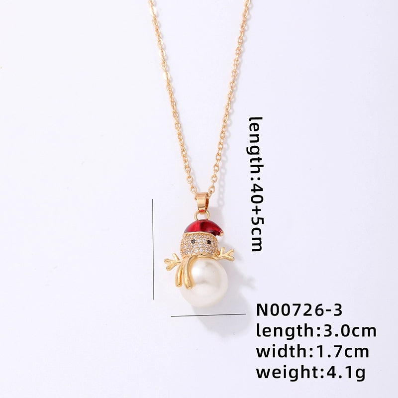 Stainless Steel Copper Plating Inlay Christmas Hat Christmas Tree Snowman Freshwater Pearl Zircon Pendant Necklace