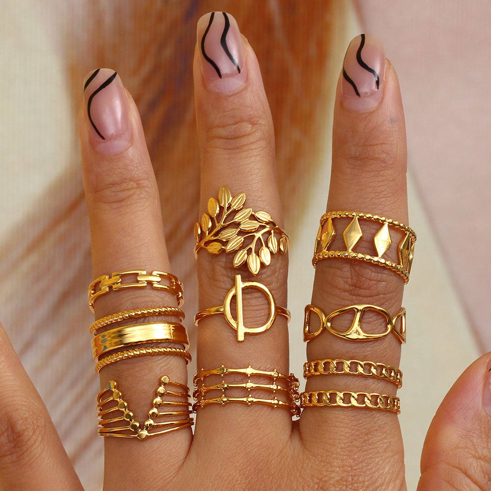 Women Fashion Stripe Geometric Stainless Steel 18K Gold Plated Rings