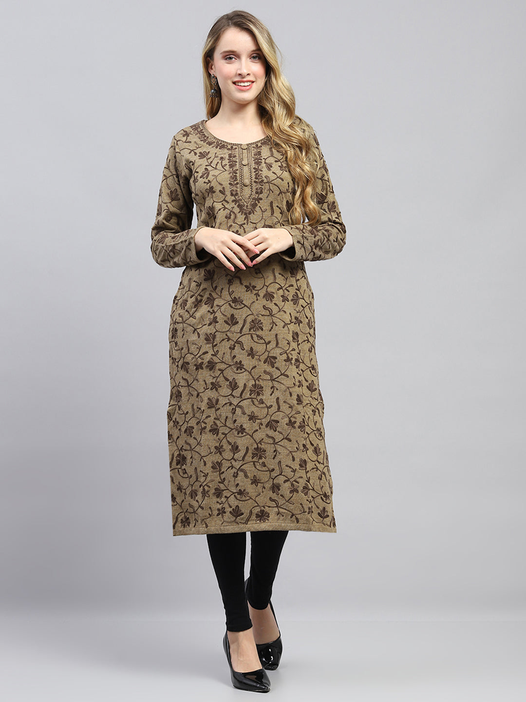 Women Khaki Woven Design Round Neck Full Sleeve Winter Kurti