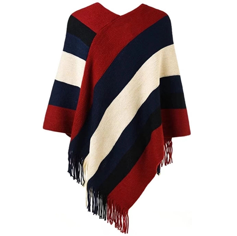 Women's Popular Pullover Cape Knitted Fashionable Color Matching Autumn And Winter Color Stripe Tassel Cape