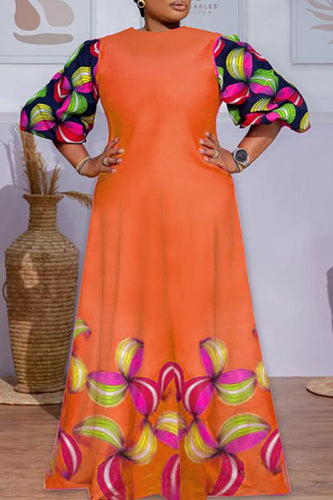 Elegant Round Neck Casual Loose Printed Maxi Dress