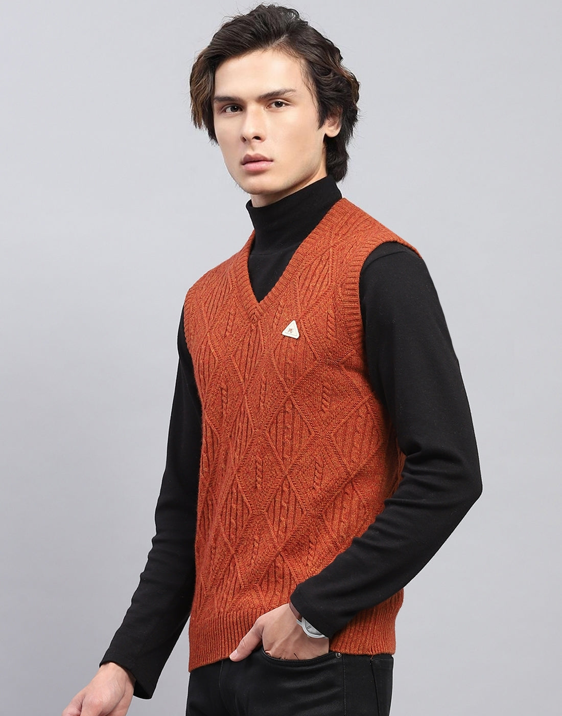 Men Rust Self Design V Neck Sleeveless Sweater