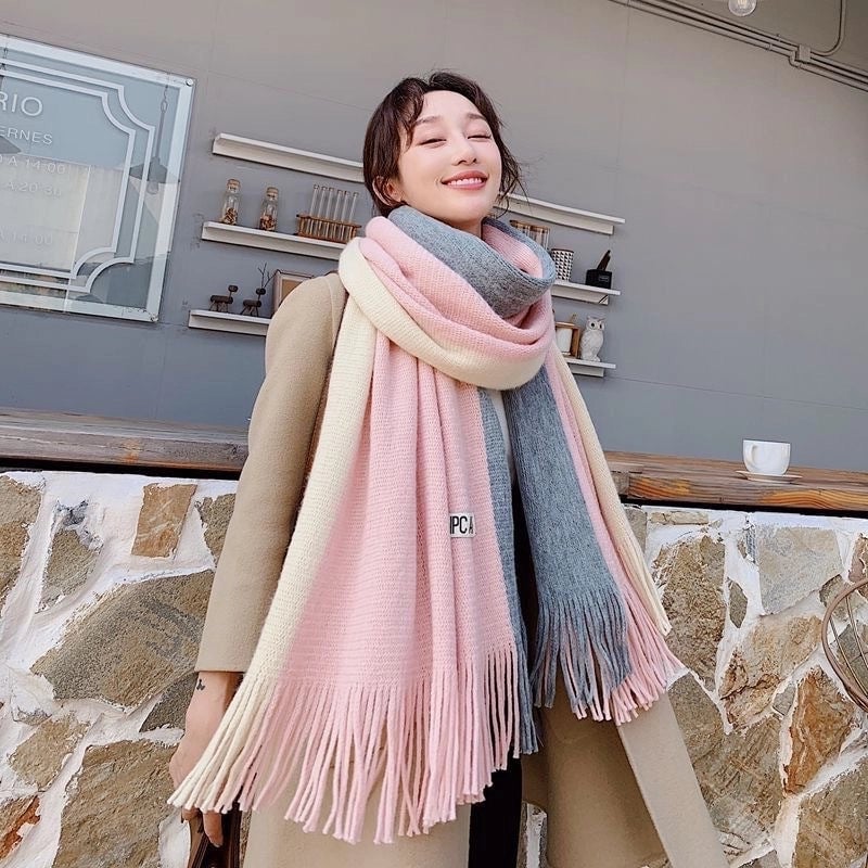 New Contrast Color Fashion Imitation Cashmere Scarf Women's Long Warm Student Scarf Tassel Couple's Shawl