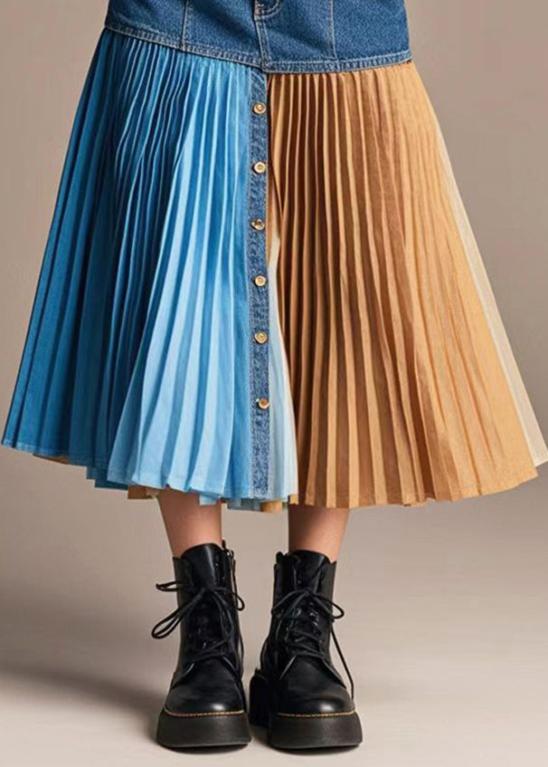 French Navy Asymmetrical Patchwork Denim Pleated Skirt Spring