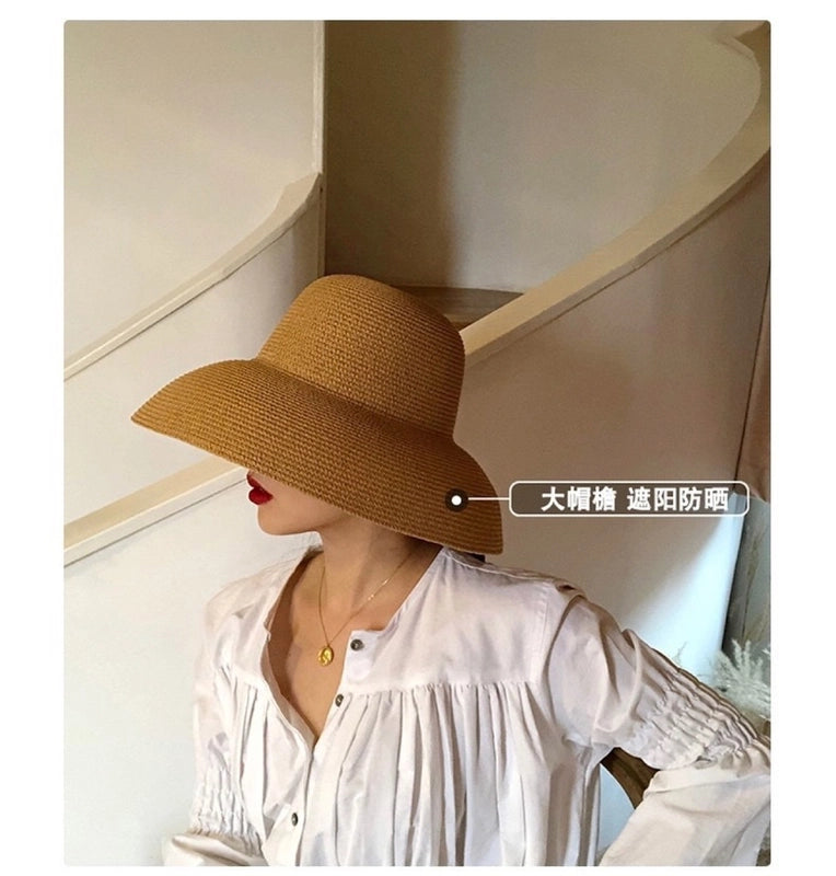 Elegant  Hepburn Style Hat Black Small Brim Straw Hat Women's Summer Beach Sunshade Hat Sunscreen Sun Hat