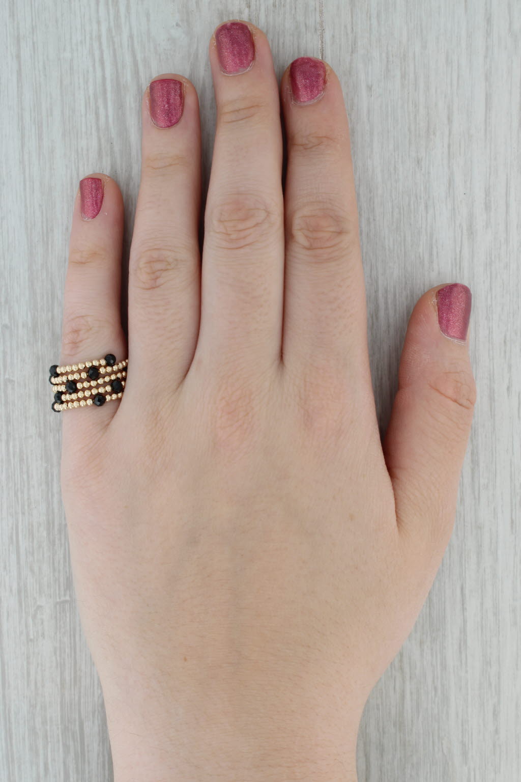 New Coiled Bead Black Glass Ring 14k Yellow Gold Adjustable Size 7