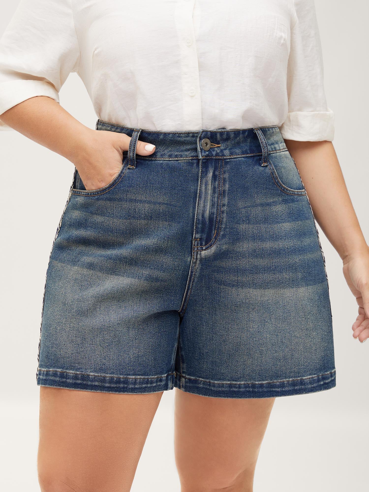 Lace Trim Classic Cut Denim Shorts