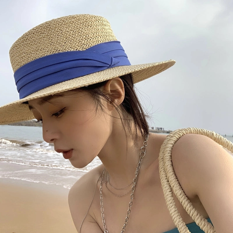 Women's Minimalist Classic Style Color Block Flat Eaves Straw Hat