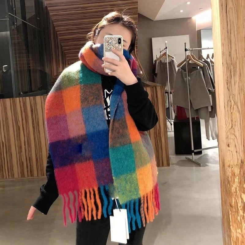 Rainbow Plaid Scarf Women's Autumn And Winter Thickened Mohair Student Couple Contrast Color Matching Thickened