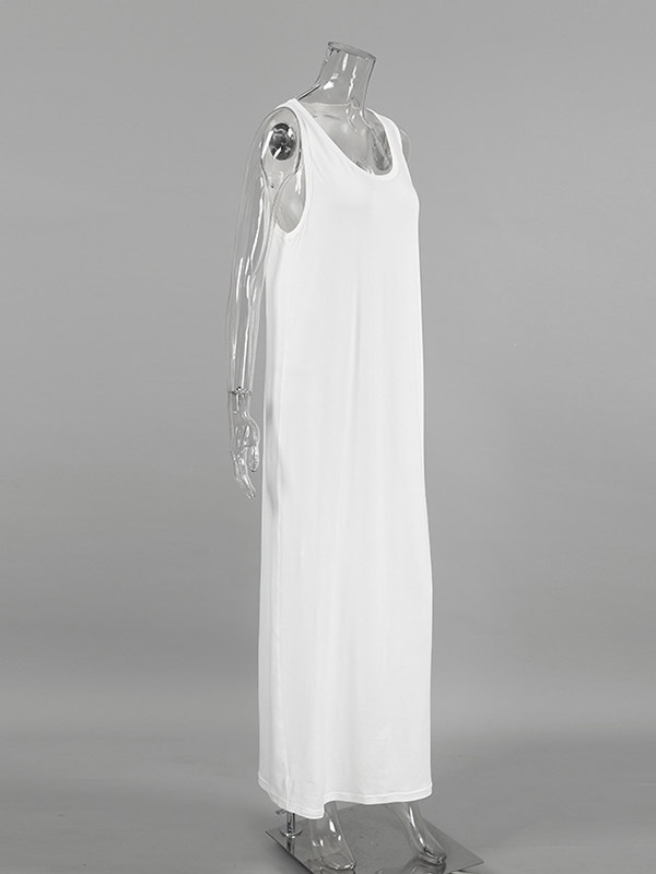 Loose Sleeveless See-Through Solid Color Split-Joint U-Neck Maxi Dresses
