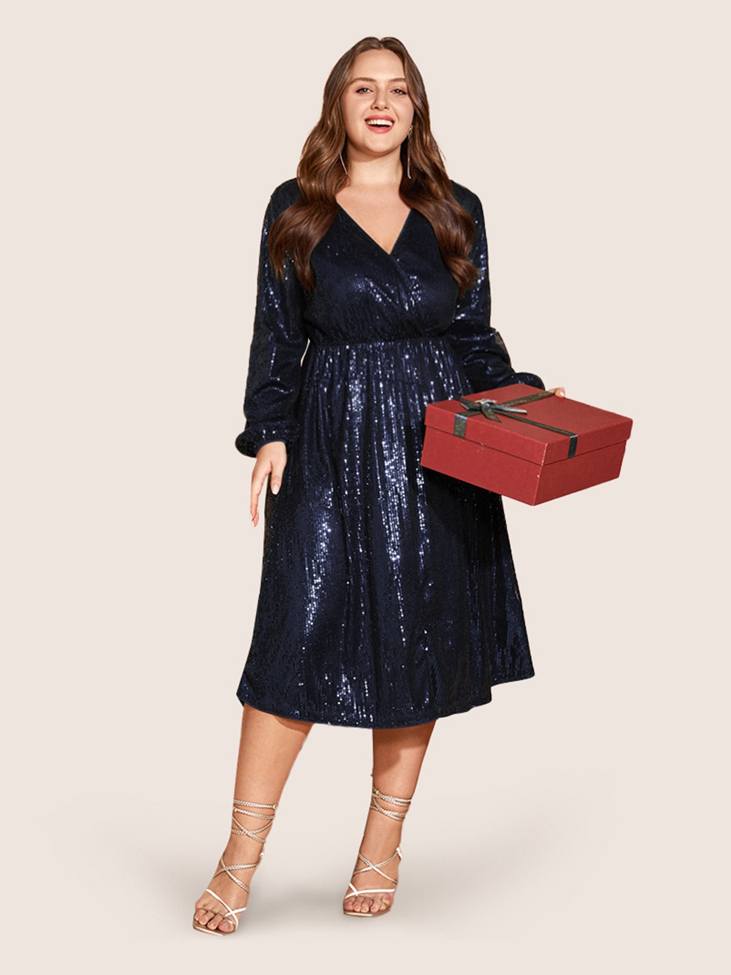 Solid Pocket Lantern Sleeve Wrap Sequin Dress