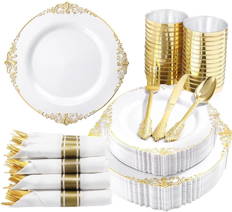Disposable Tableware Dragon Pattern White Golden Edge Relief Plate Wine Glass Knife. Fork And Spoon PS Hard Plastic Gold Air-Laid Paper Suit