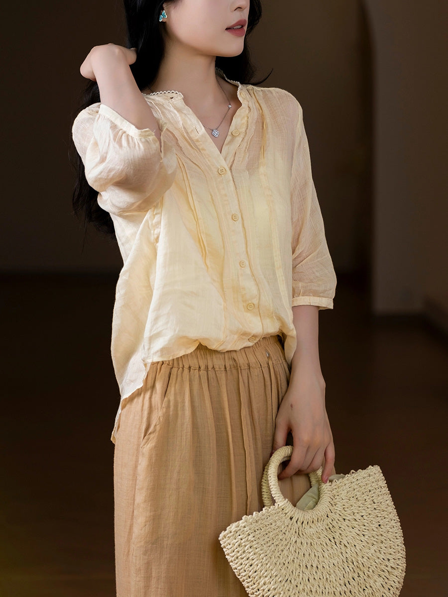 Women Summer Artsy Pure Color 100%Ramie V-Neck Shirt
