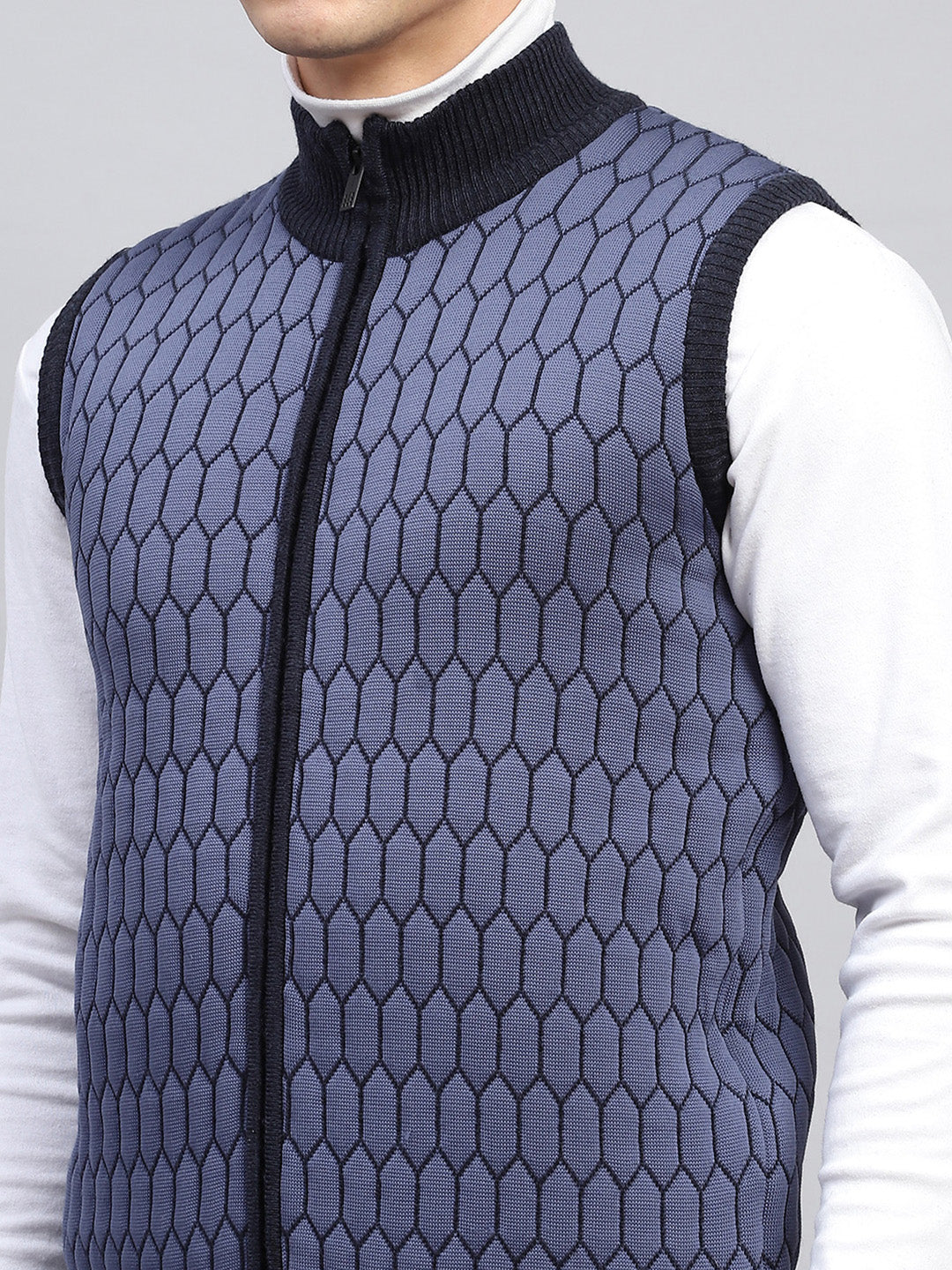 Men Navy Blue Self Design Mock Neck Sleeveless Jacket