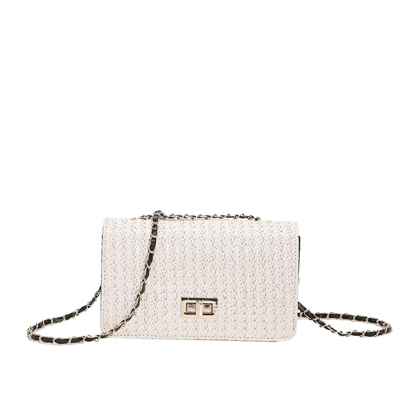 Women's Straw Solid Color Vacation Metal Button Square Lock Clasp Crossbody Bag