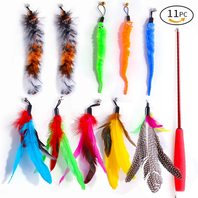 New Pet Cat Toy Telescopic Fishing Rod Feather Cat Tease Set Feather Cat Tease Rod Replacement Head Offer