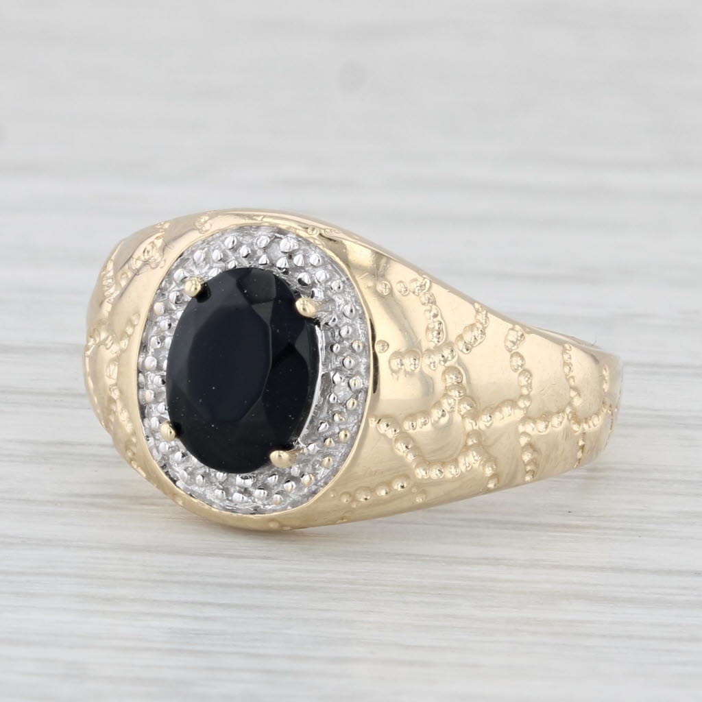 Onyx Diamond Halo Ring 10k Yellow Gold Nugget Band Size 8.75