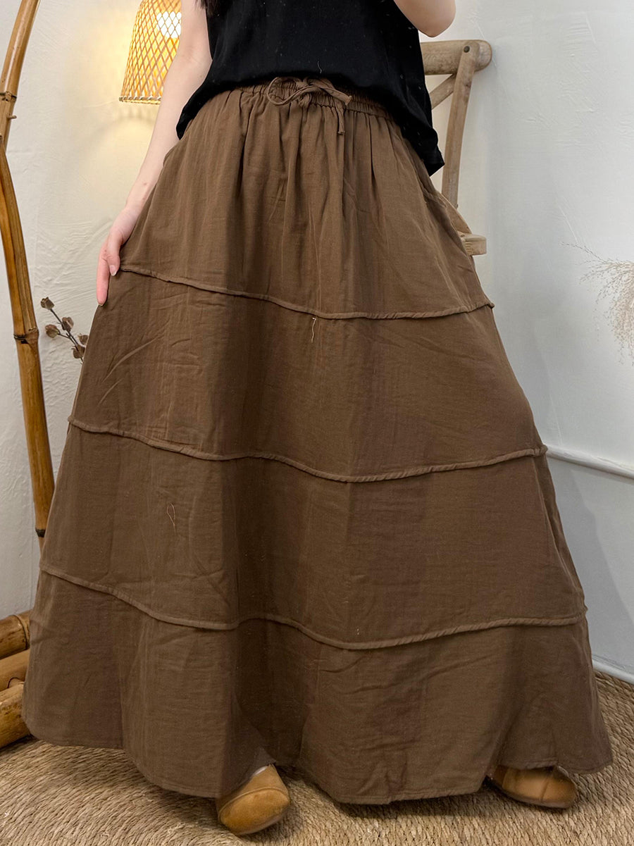 Women Spring Retro Pure Color Loose Cotton Spliced Skirt