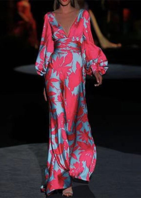 French Rose V Neck Print Cotton Long Dresses Long Sleeve Summer