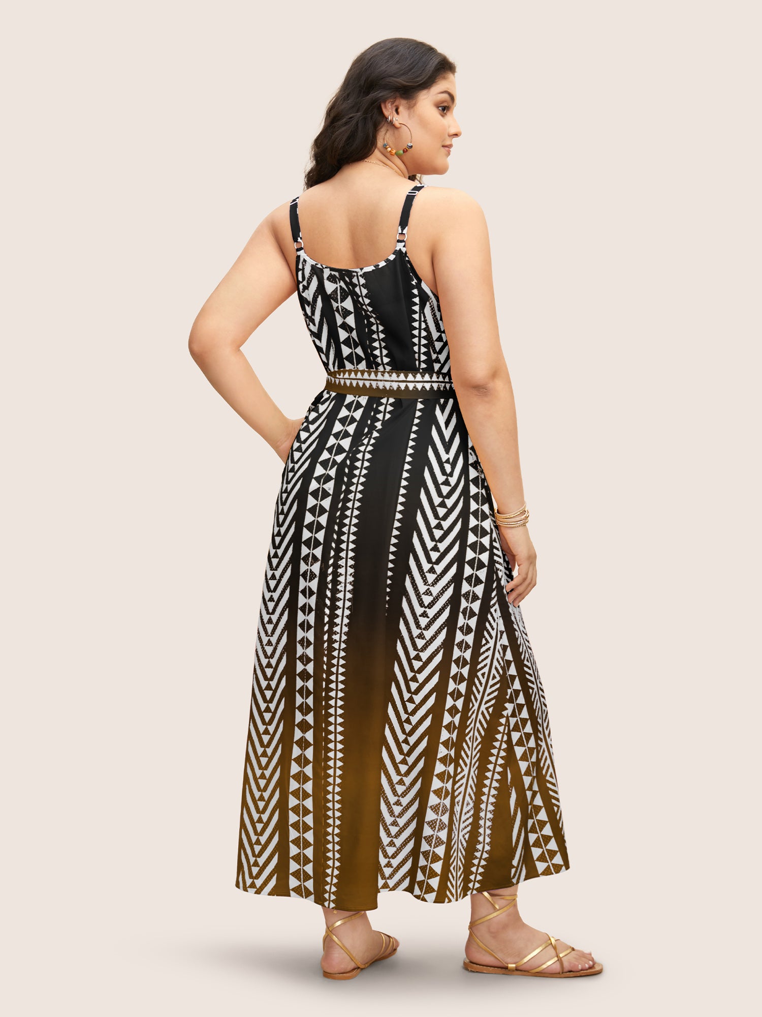 Ombre Contrast Geometric Belted Maxi Dress