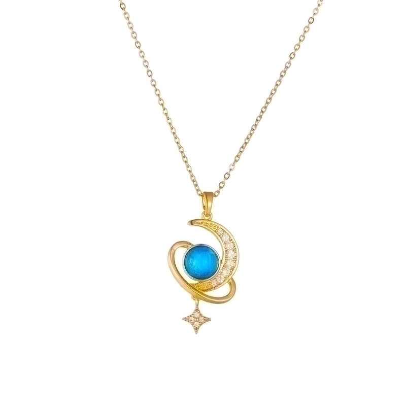 Titanium Steel 18K Gold Plated Vintage Style Plating Moon Acrylic Rhinestones Pendant Necklace