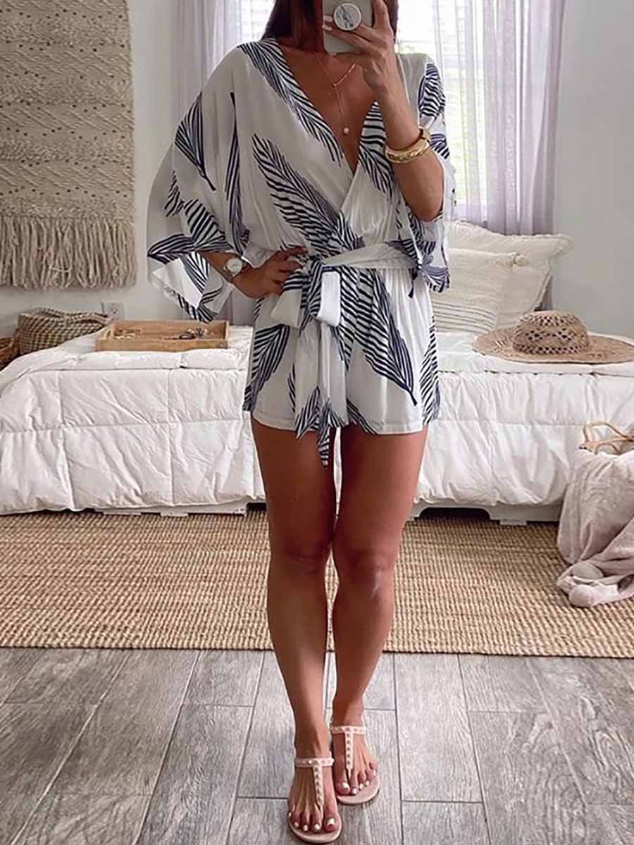 Plant Print Bat Sleeve Kimono Romper