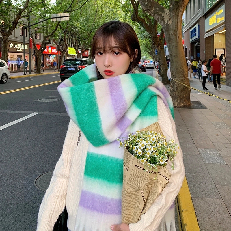 Purple Striped Scarf Women's Autumn And Winter  Trendy Winter Warm Imitation Cashmere Windproof Scarf For Students