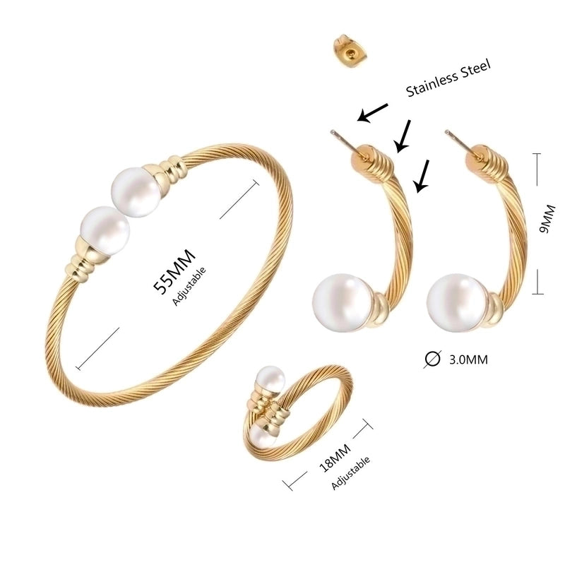 Casual Minimalist Spiral Stripe Stainless Steel Copper Braid Inlay Pearl Rings Bracelets Earrings
