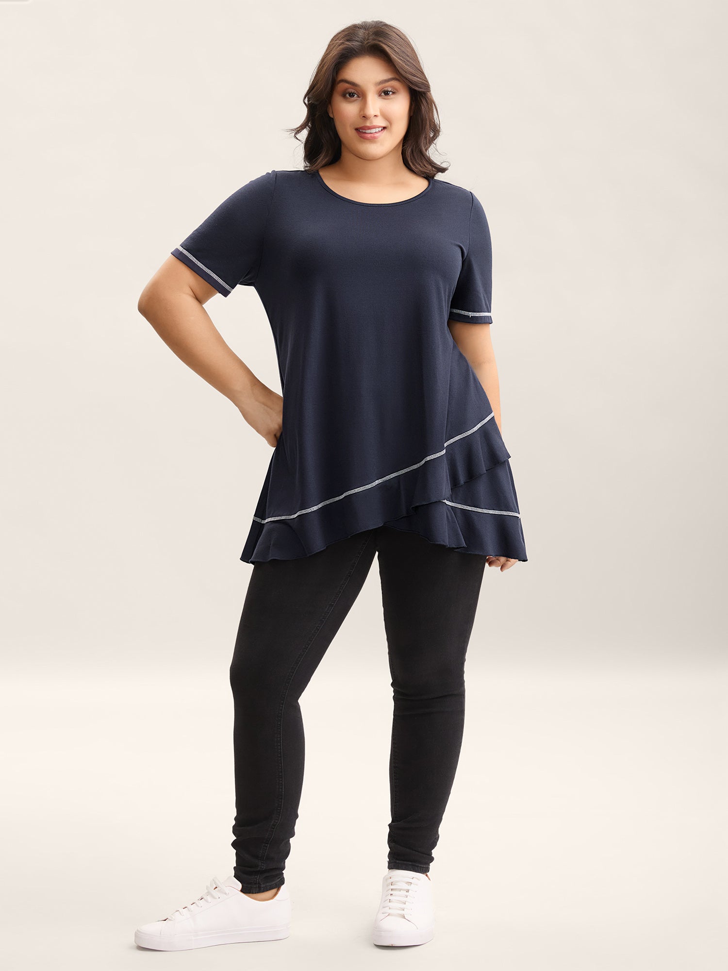 Overlap Hem Round Neck T-Shirt