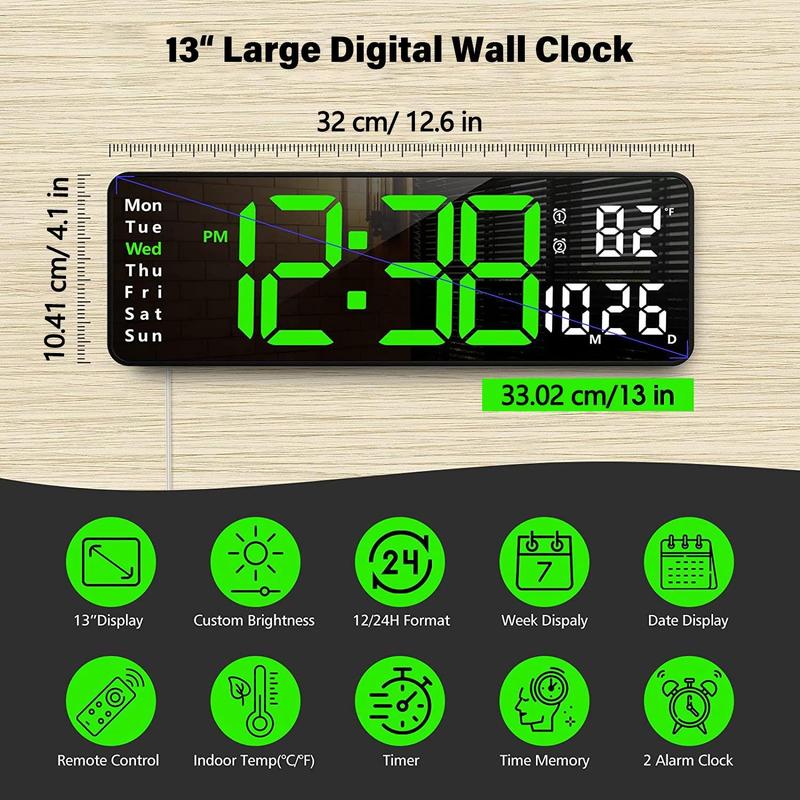 ⚡Prime Day Sale⚡13 Large Digital Clock with Temperature. Date. Auto DST. Night Light. Auto Brightness Dimmer