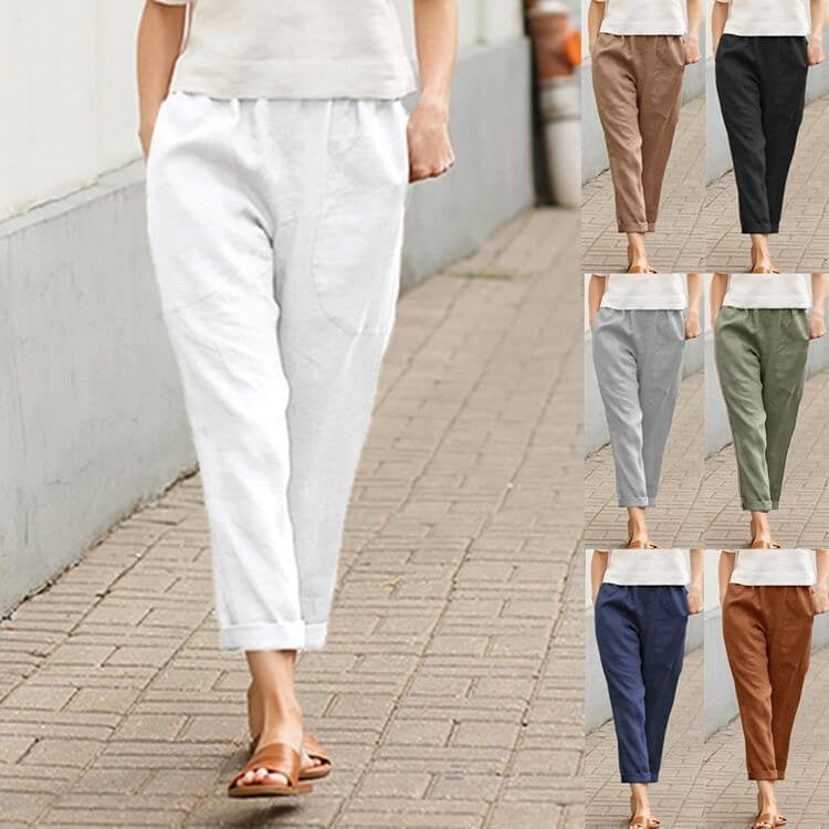 Pantalones sueltos de lino-algodón para mujeres de talla grande