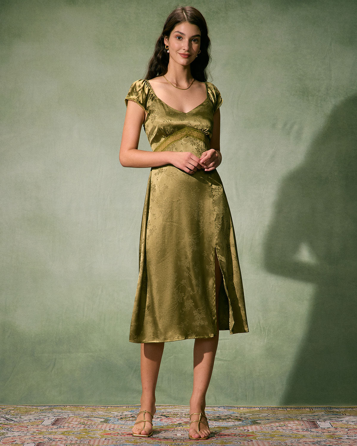 The Green Satin Jacquard Side Split Midi Dress