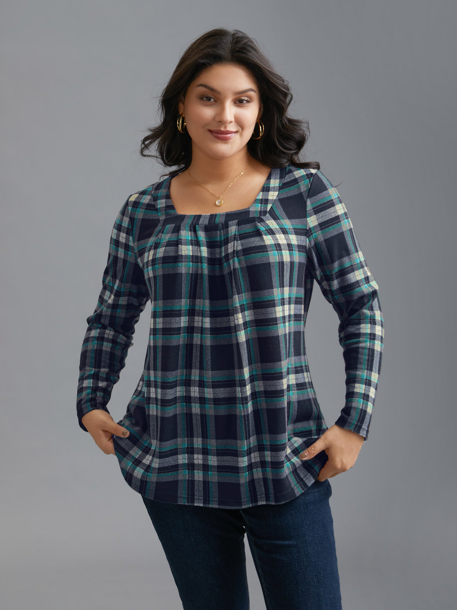 Plaid Pleated Square Neckline Knit Top