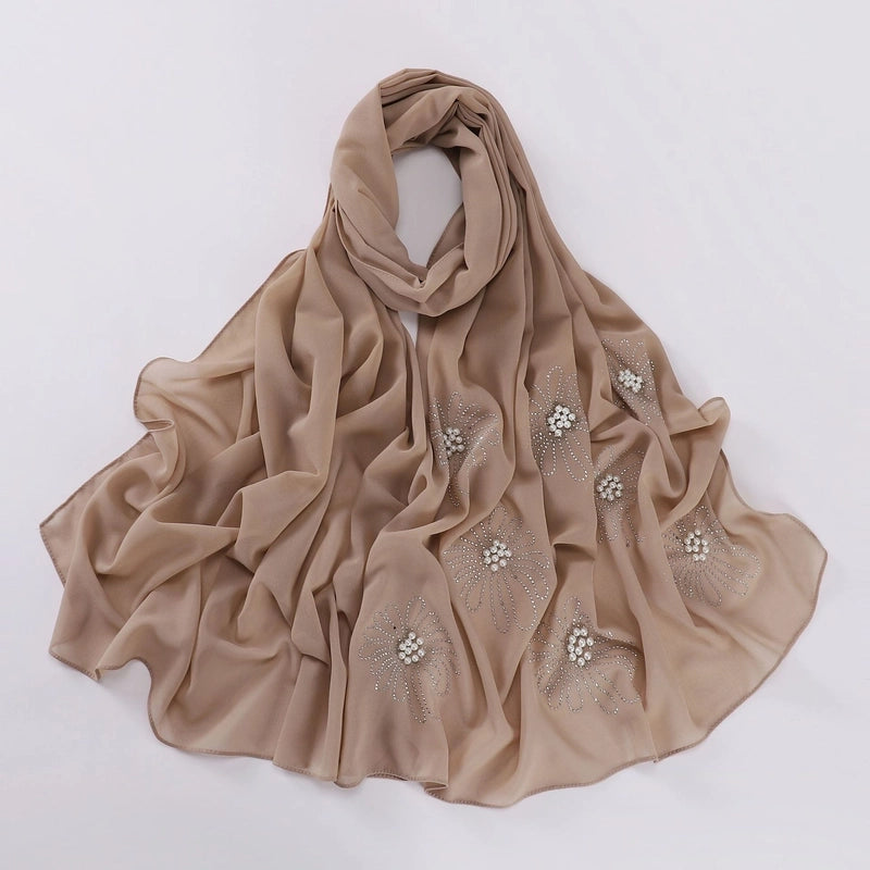 New Flower Hot Drilling Nail Bead Scarf Pearl Chiffon Muslim Scarf Middle East Hui Hijab Long Scarf
