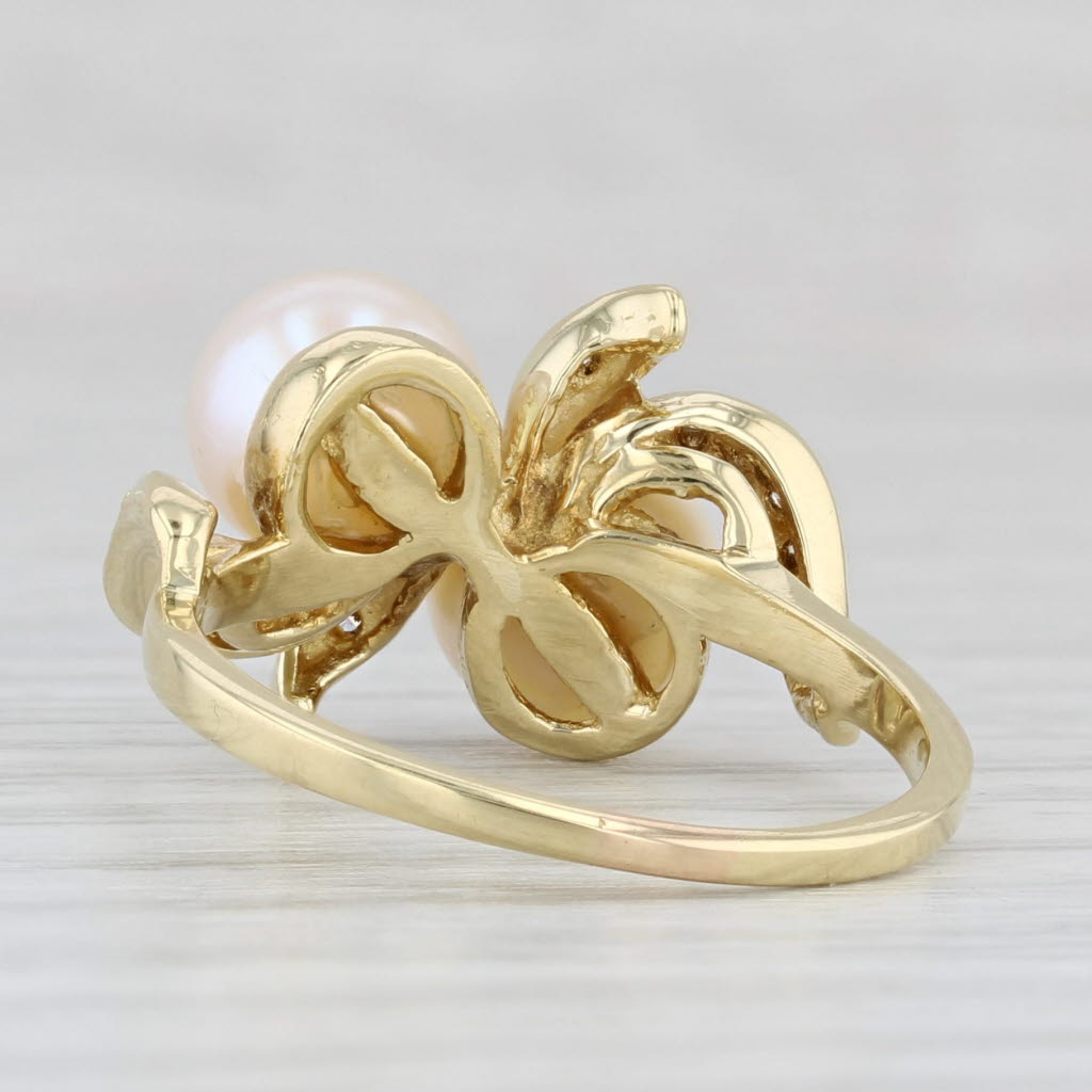 Two Cultured Pearls 0.12ctw Diamond Bypass Ring 18k Yellow Gold Size 7.75