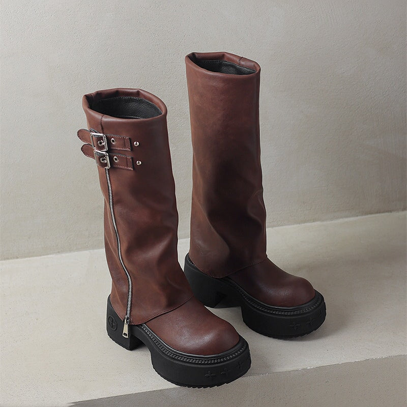 Women's Round Toe Folded Leather High-Calf Boots With Double Buckle in Black/Dark Brown