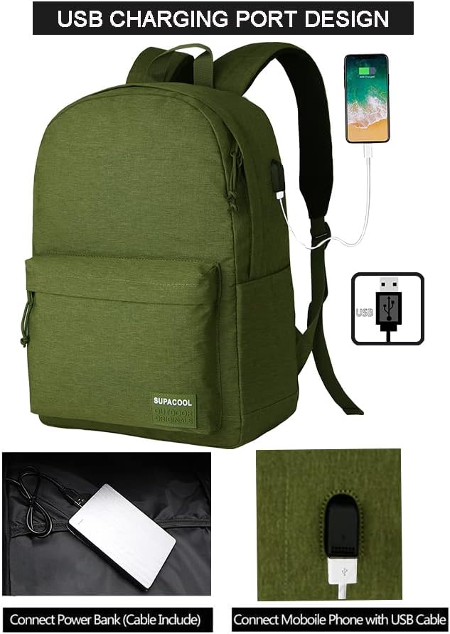 SUPACOOL Casual Laptop Backpack for Men and Women, School Backpack for Boys and Girls, College Bookbag, USB Charging Port, Lightweight Back Pack(Black)