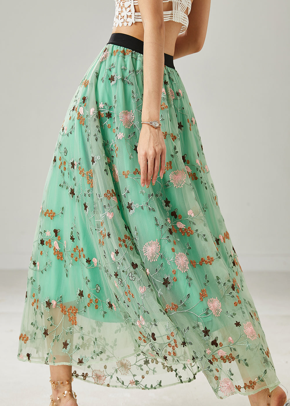 Italian Green Embroidered Tulle Skirts Summer