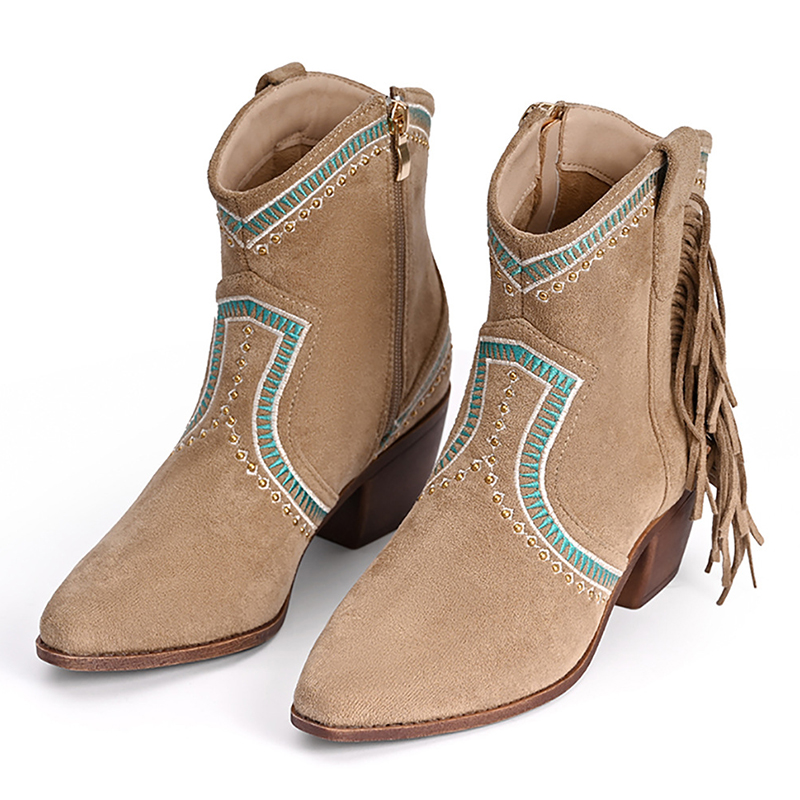 Contrast Binding Tassels Zipper Chunky Heels Western Boots