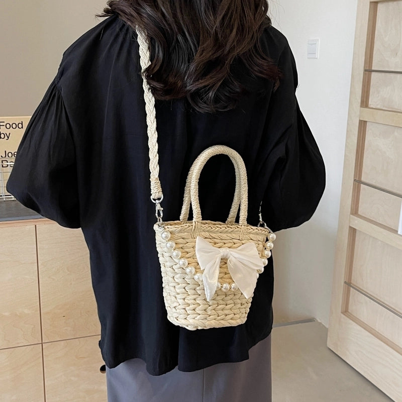 Women's Straw Solid Color Bow Knot Beach Weave Sewing Thread String Handbag Crossbody Bag Bucket Bag