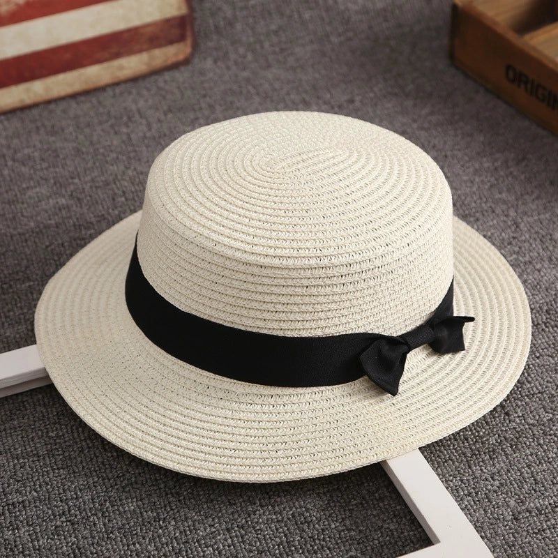 Straw Hat Female Summer British Retro Flat Top Beach Travel Hat