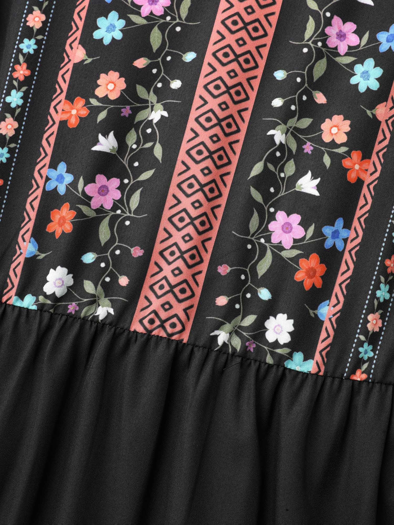 Notched Collar Boho Print Midi Dress