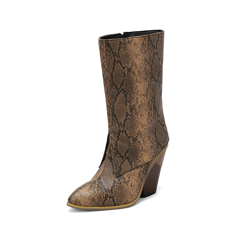 Snakeskin Print Zipper Fold Chunky Heels Western Boots